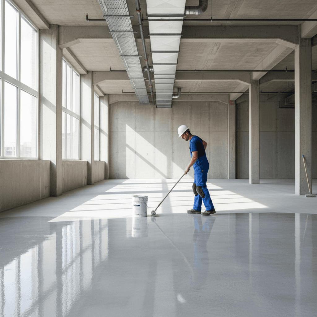 Worker applying protective coating to a concrete floor with a roller
