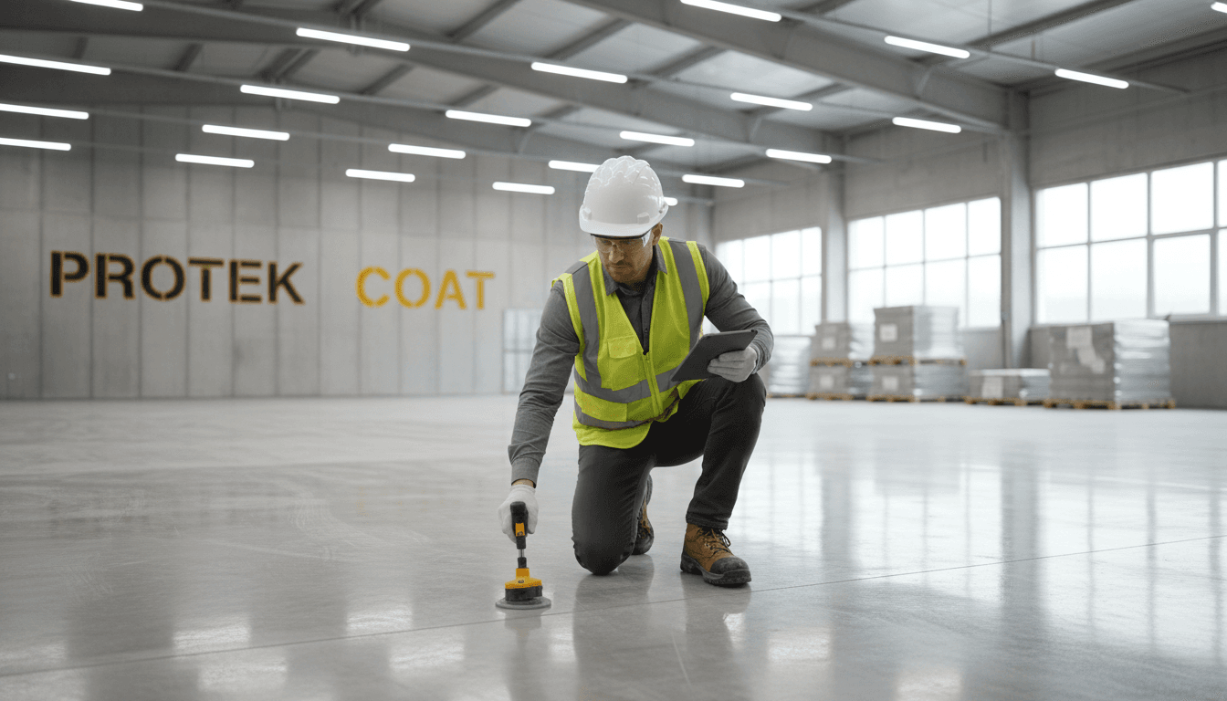 Professional contractor inspecting a prepared concrete surface for protective coating