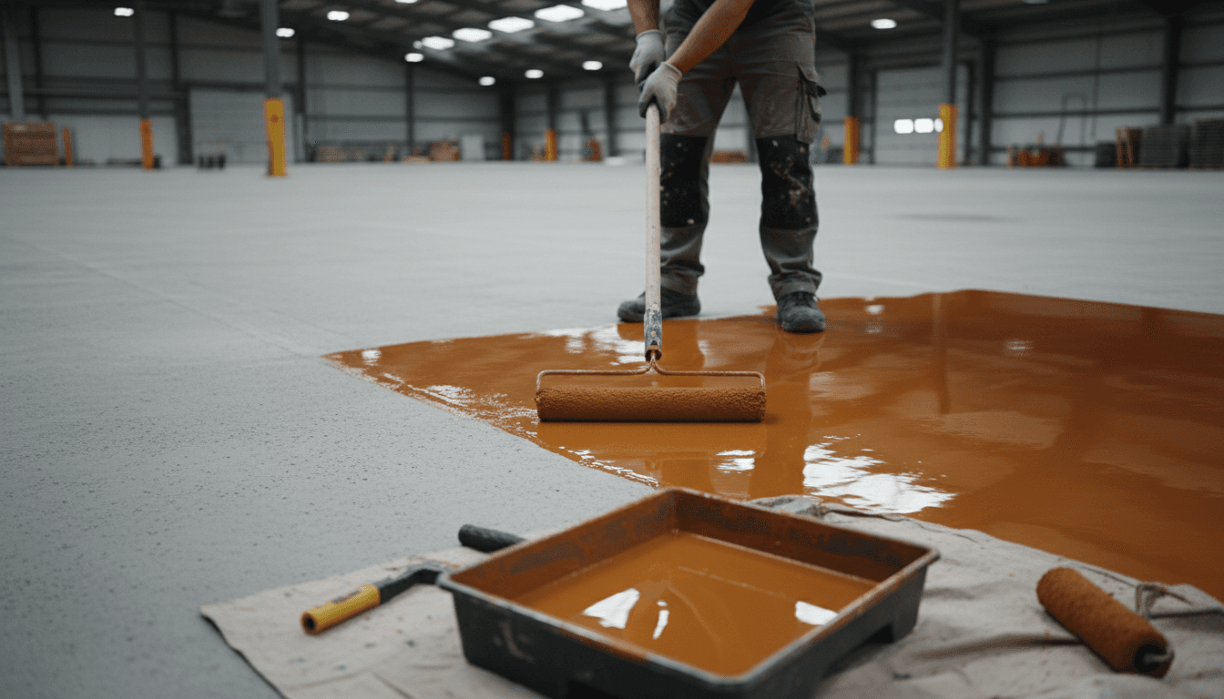 Professional worker applying protective coating to a concrete floor