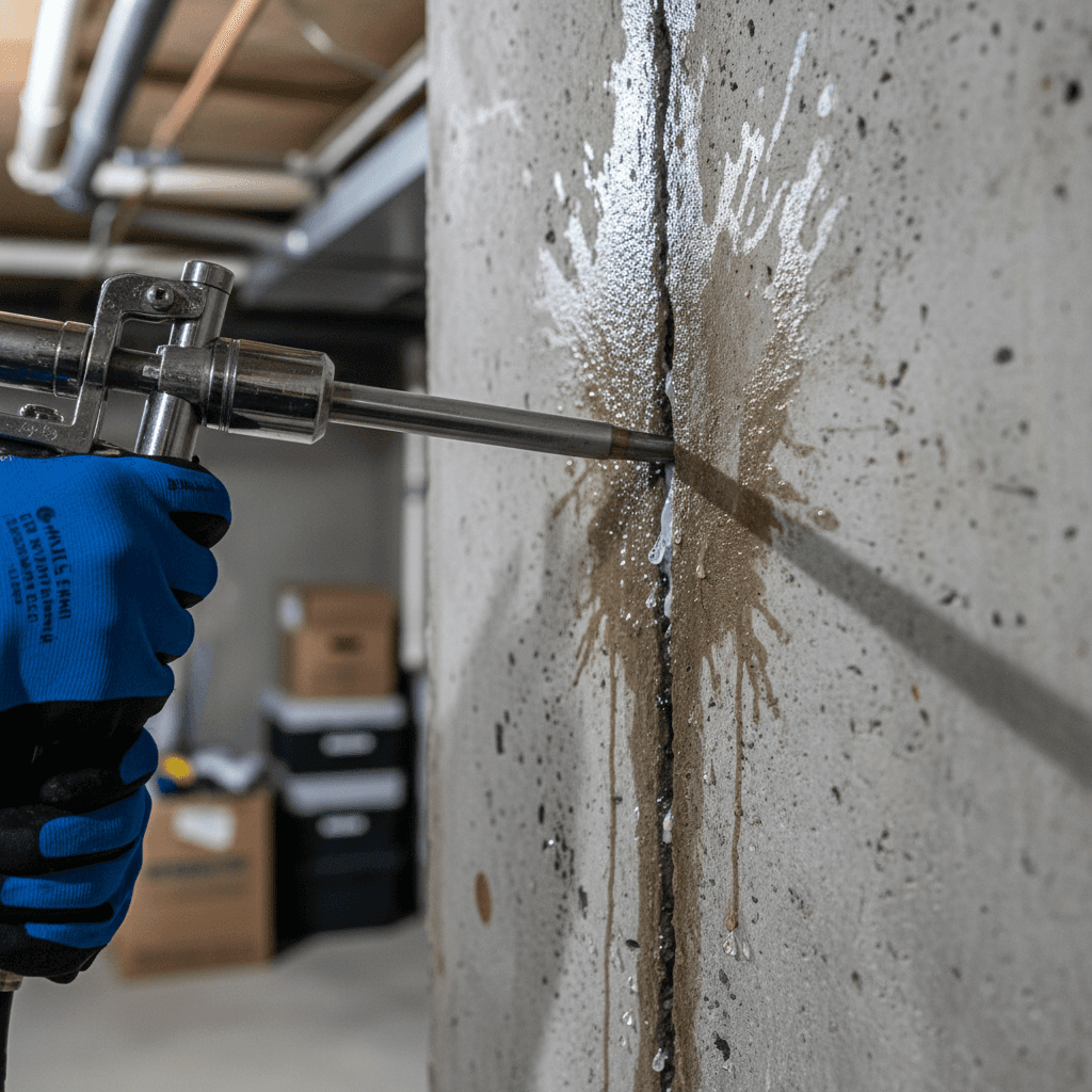 Concrete surface repair on a foundation wall