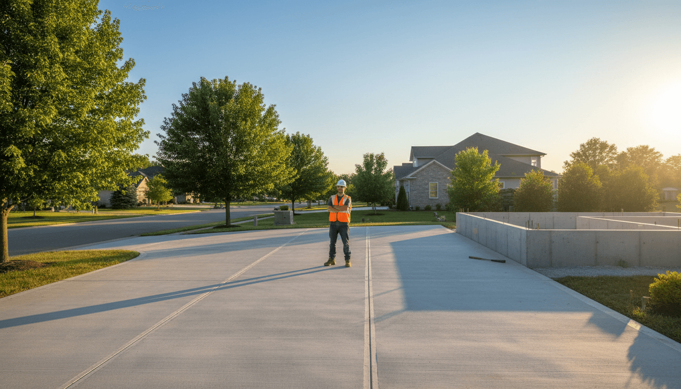 Contractor inspecting a concrete surface on a residential property