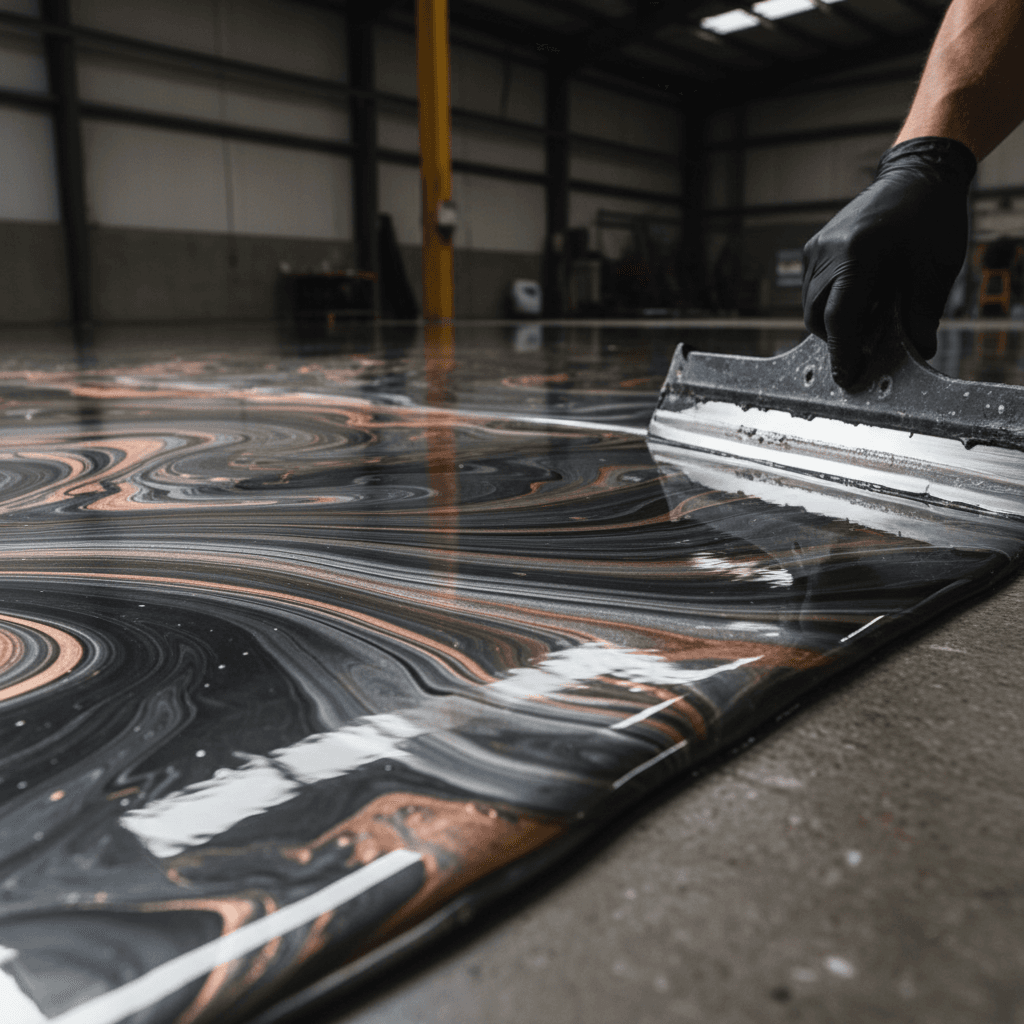 Contractor inspecting a freshly coated concrete floor in an industrial space