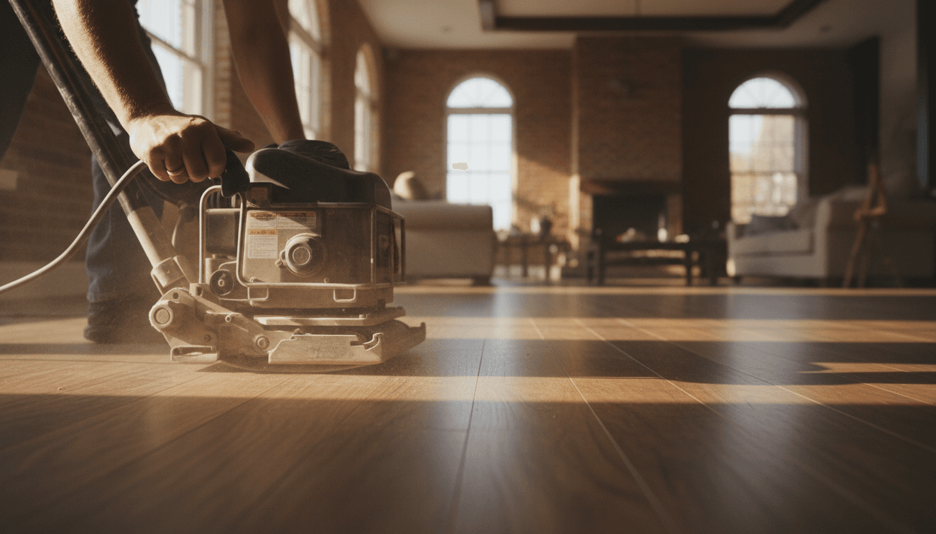 Professional preparing a surface for refinishing in a residential garage