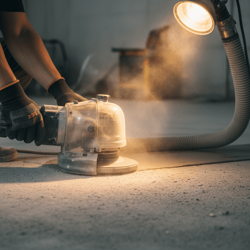 Worker preparing a concrete surface with a grinder