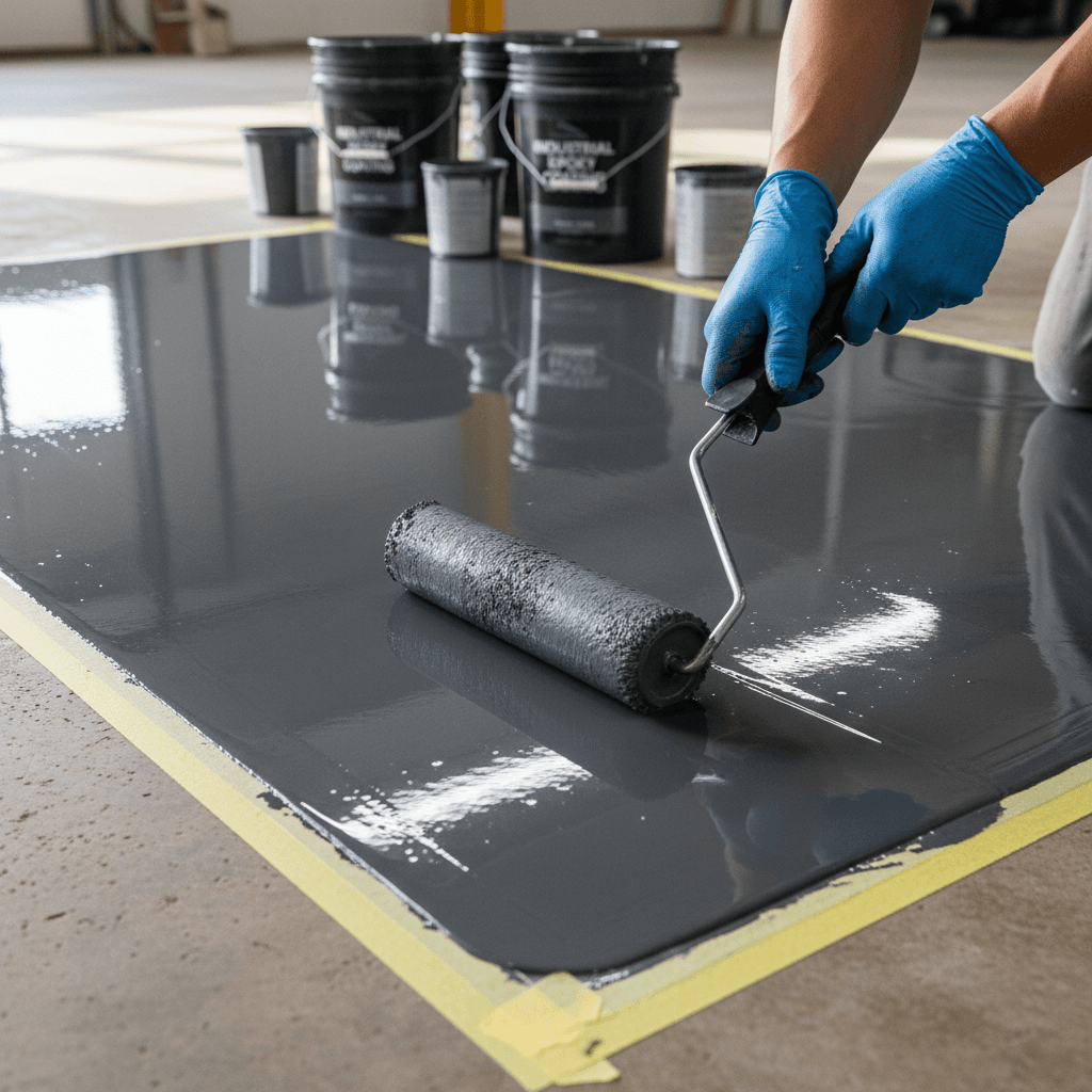 Worker applying coating to a concrete floor