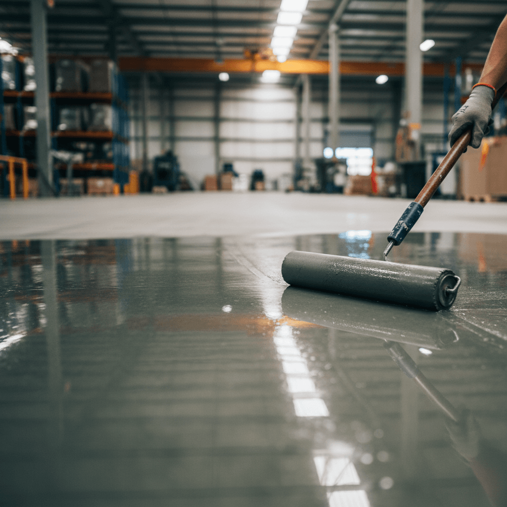 Professional applying a protective coating with a roller on a concrete floor