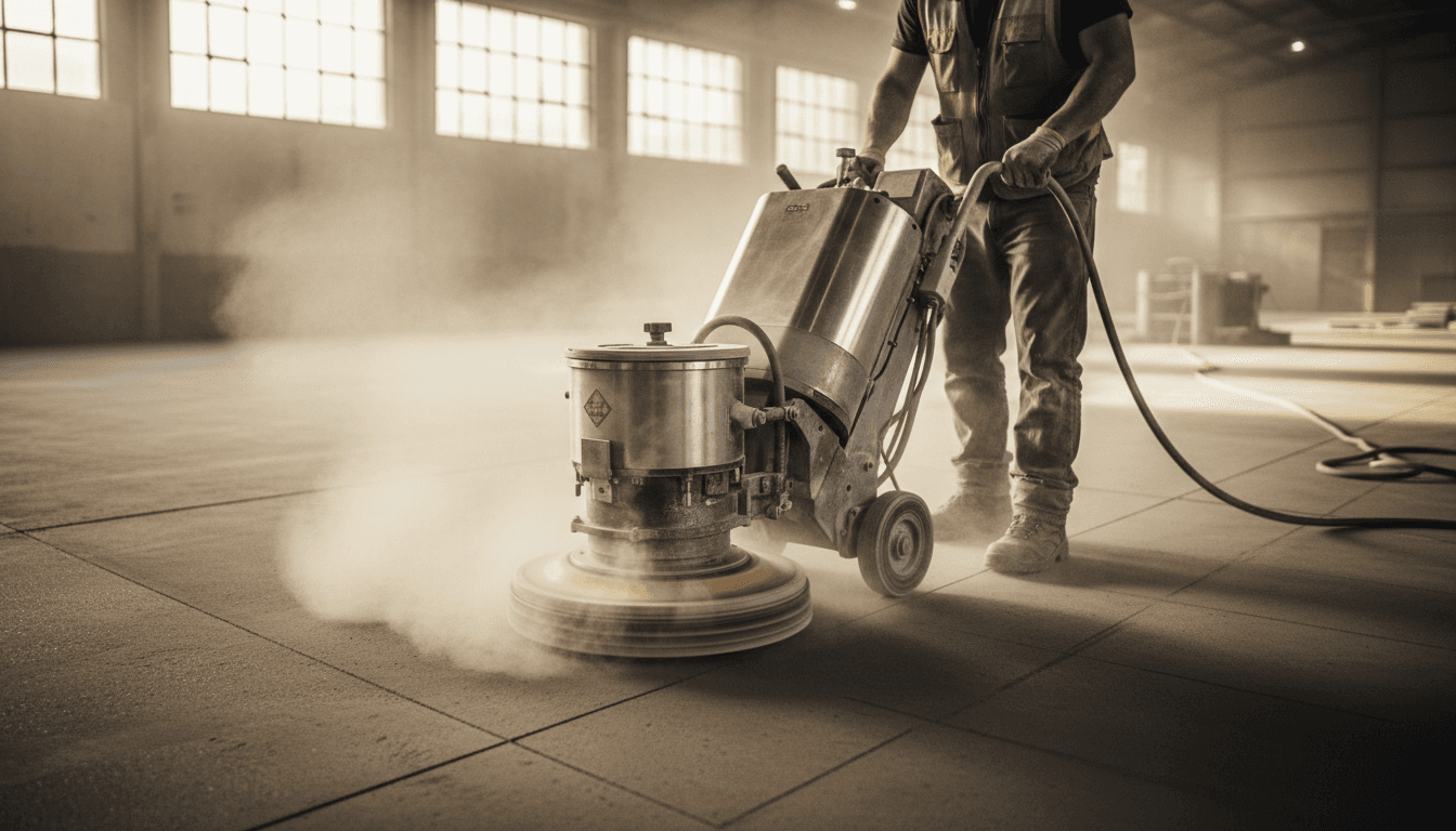 Worker grinding a concrete floor with an industrial grinder in a warehouse